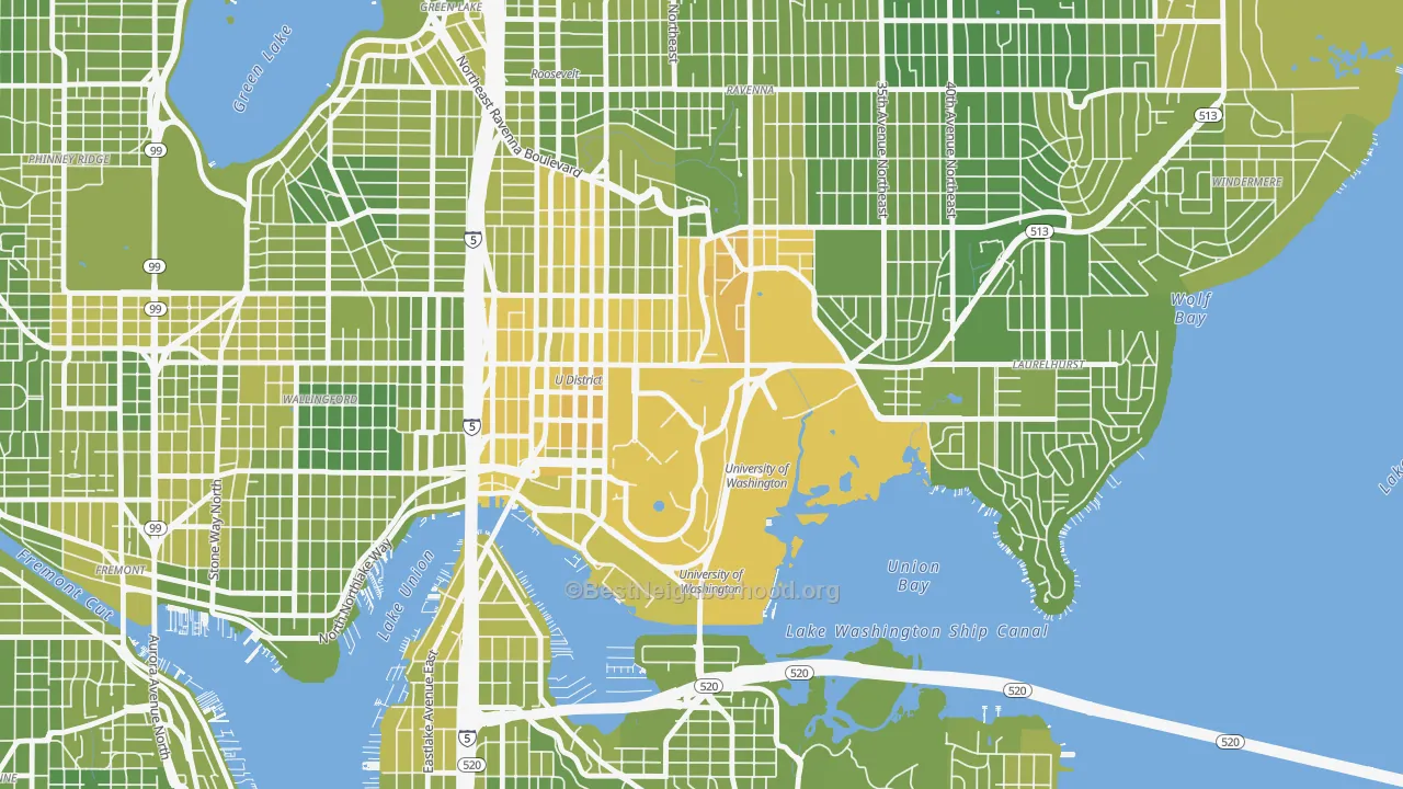 Map of the best neighborhoods in the 98195 area, with better matches in green and worse matches in red