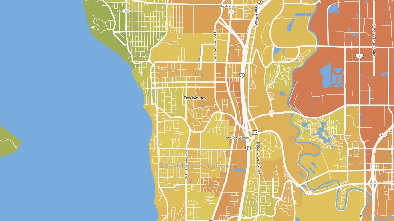 Map of the best neighborhoods in the 98198 area, with better matches in green and worse matches in red