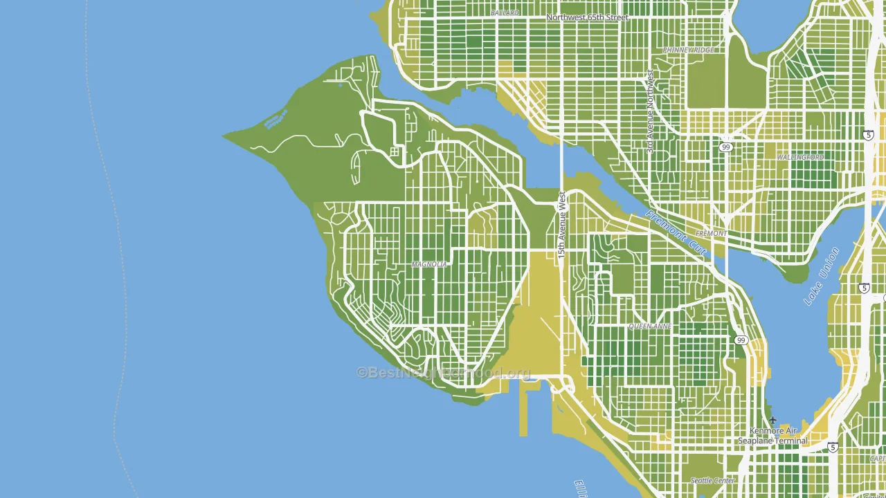 Map of the best neighborhoods in the 98199 area, with better matches in green and worse matches in red