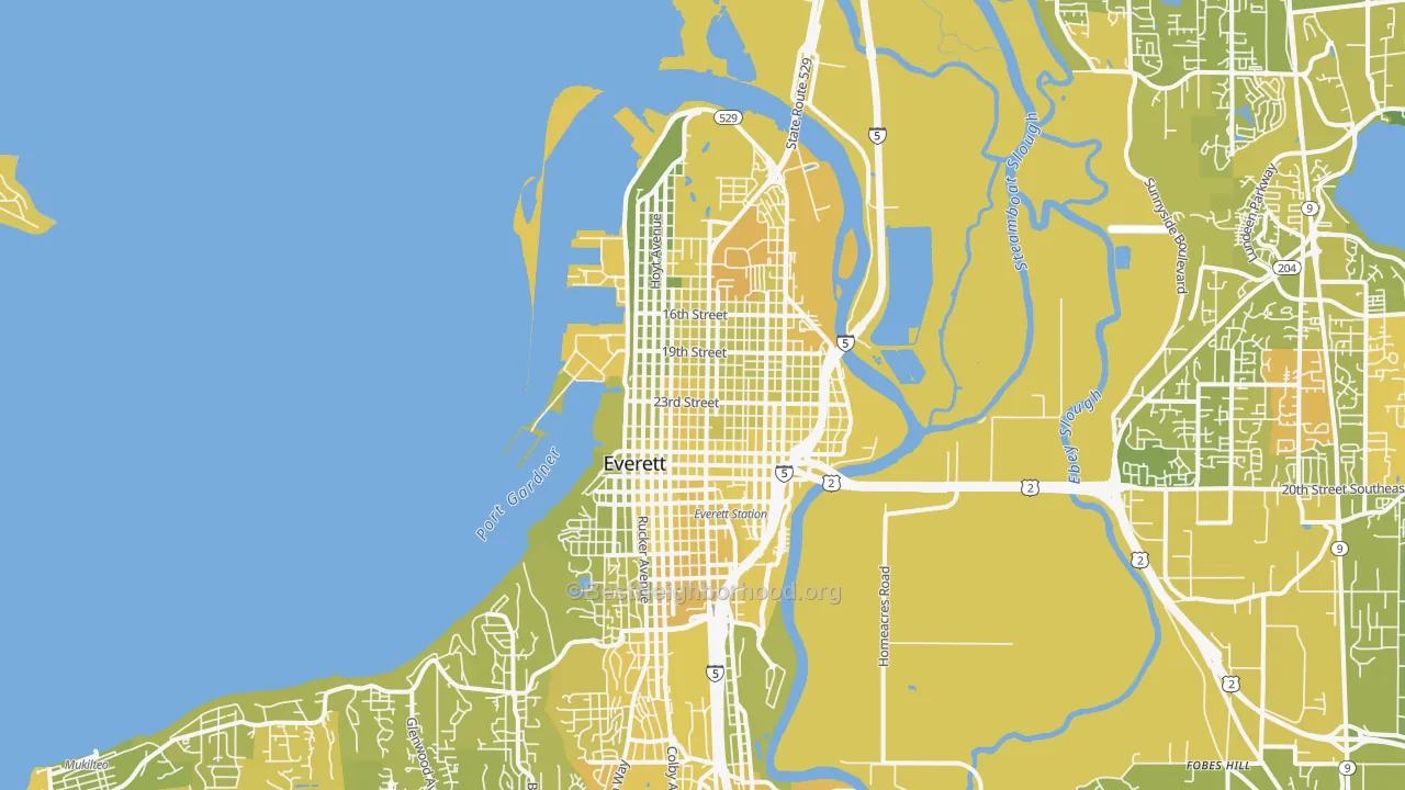 Map of the best neighborhoods in the 98201 area, with better matches in green and worse matches in red