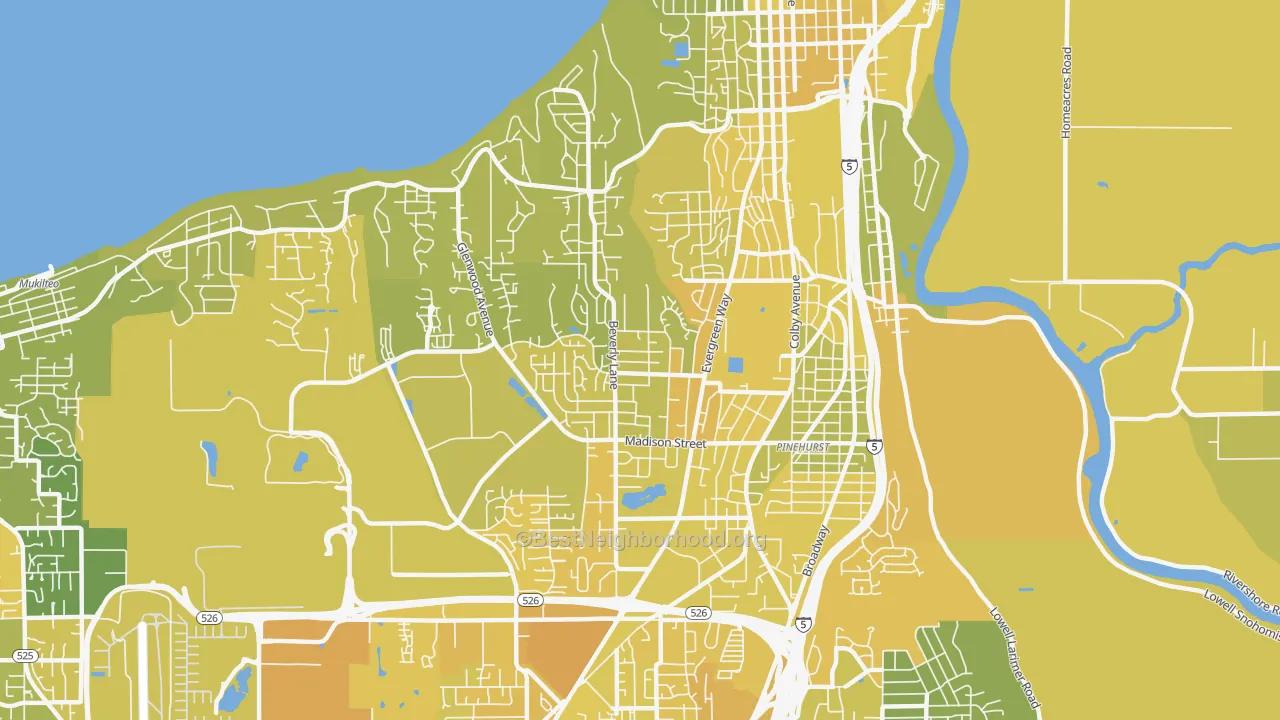 Map of the best neighborhoods in the 98203 area, with better matches in green and worse matches in red