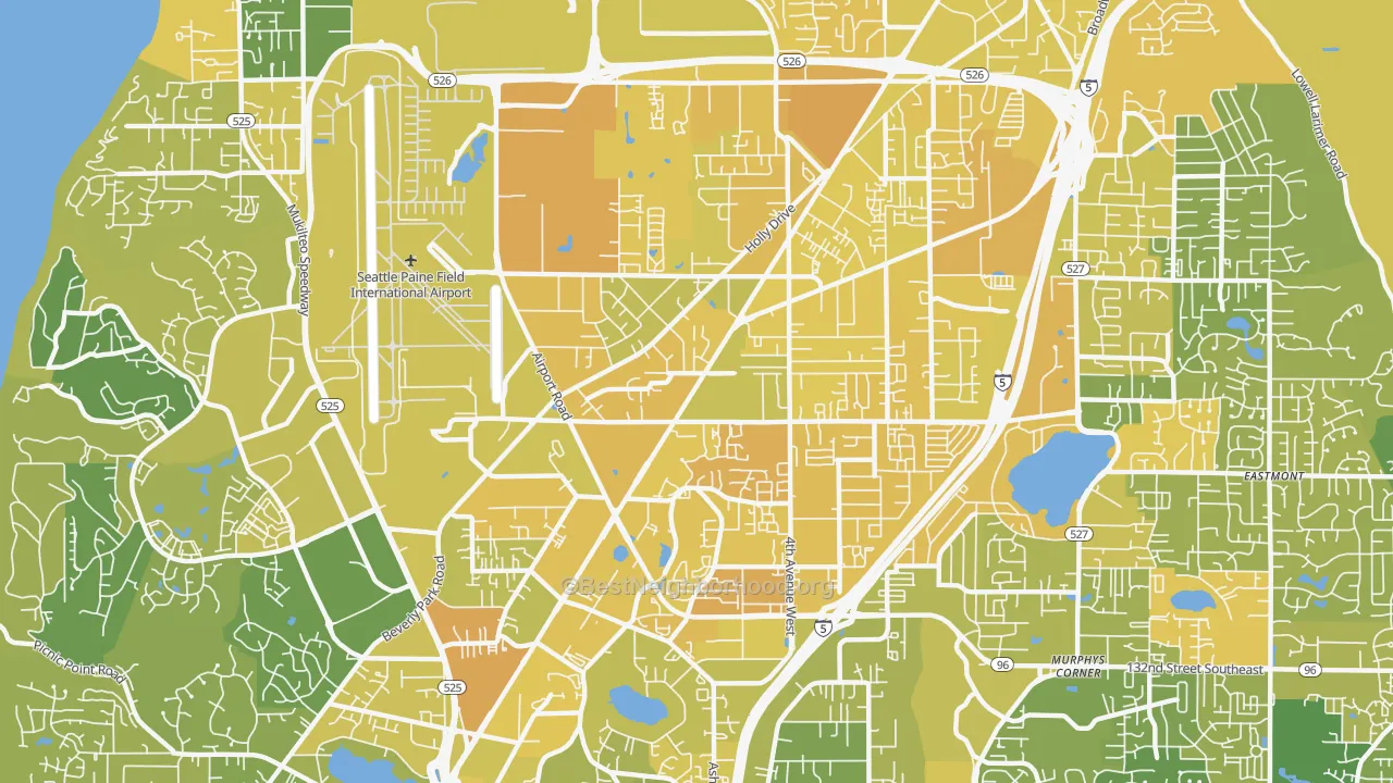 Map of the best neighborhoods in the 98204 area, with better matches in green and worse matches in red