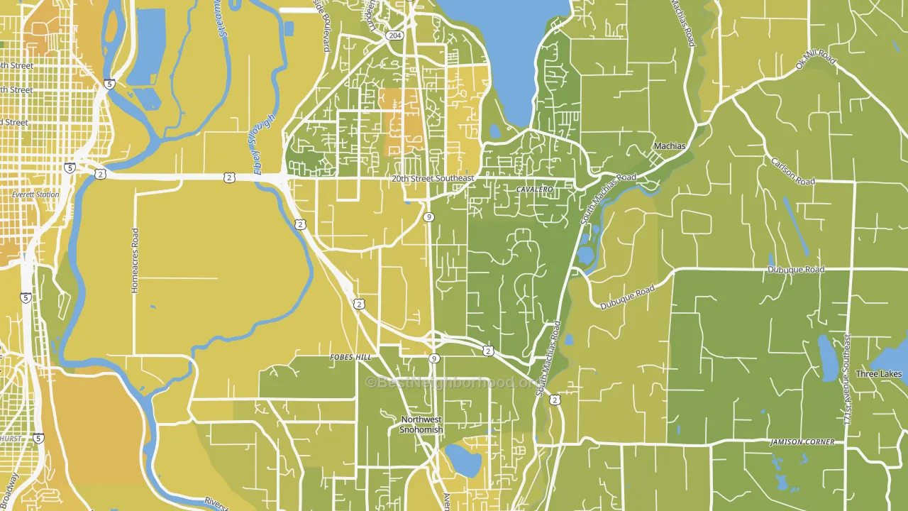Map of the best neighborhoods in the 98205 area, with better matches in green and worse matches in red