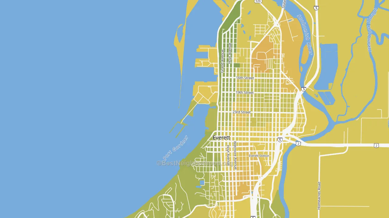 Map of the best neighborhoods in the 98207 area, with better matches in green and worse matches in red