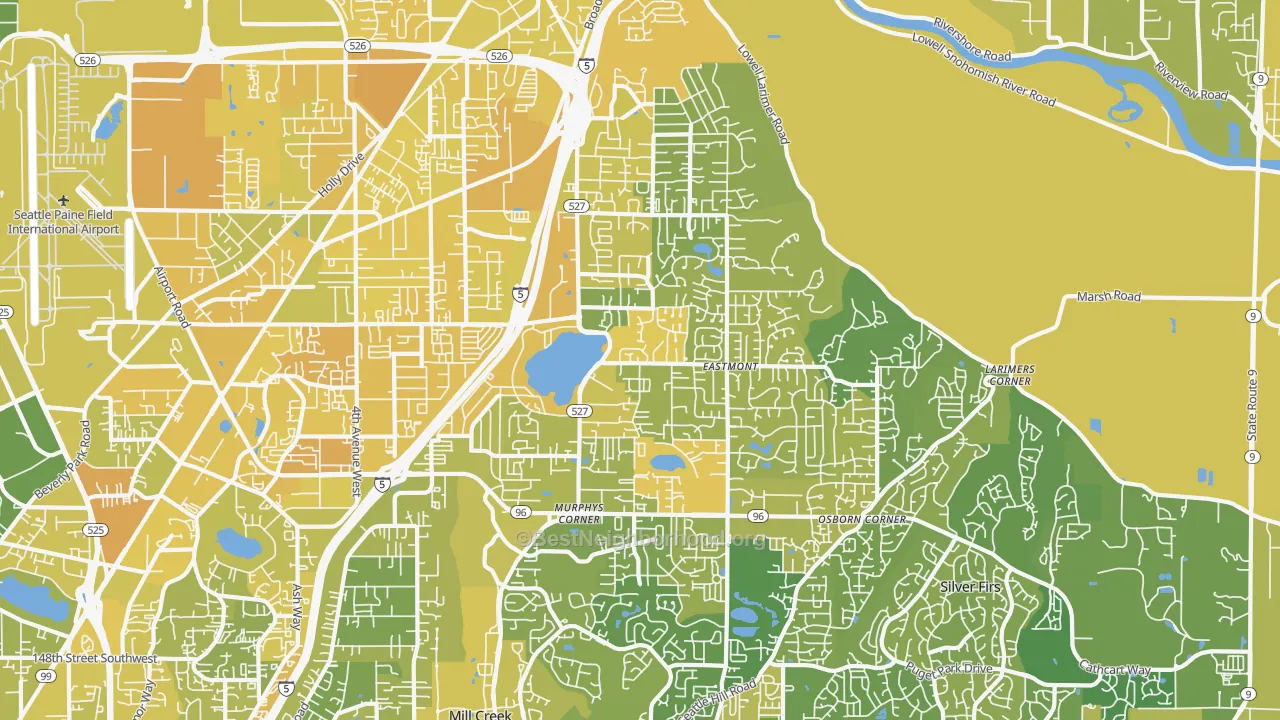 Map of the best neighborhoods in the 98208 area, with better matches in green and worse matches in red