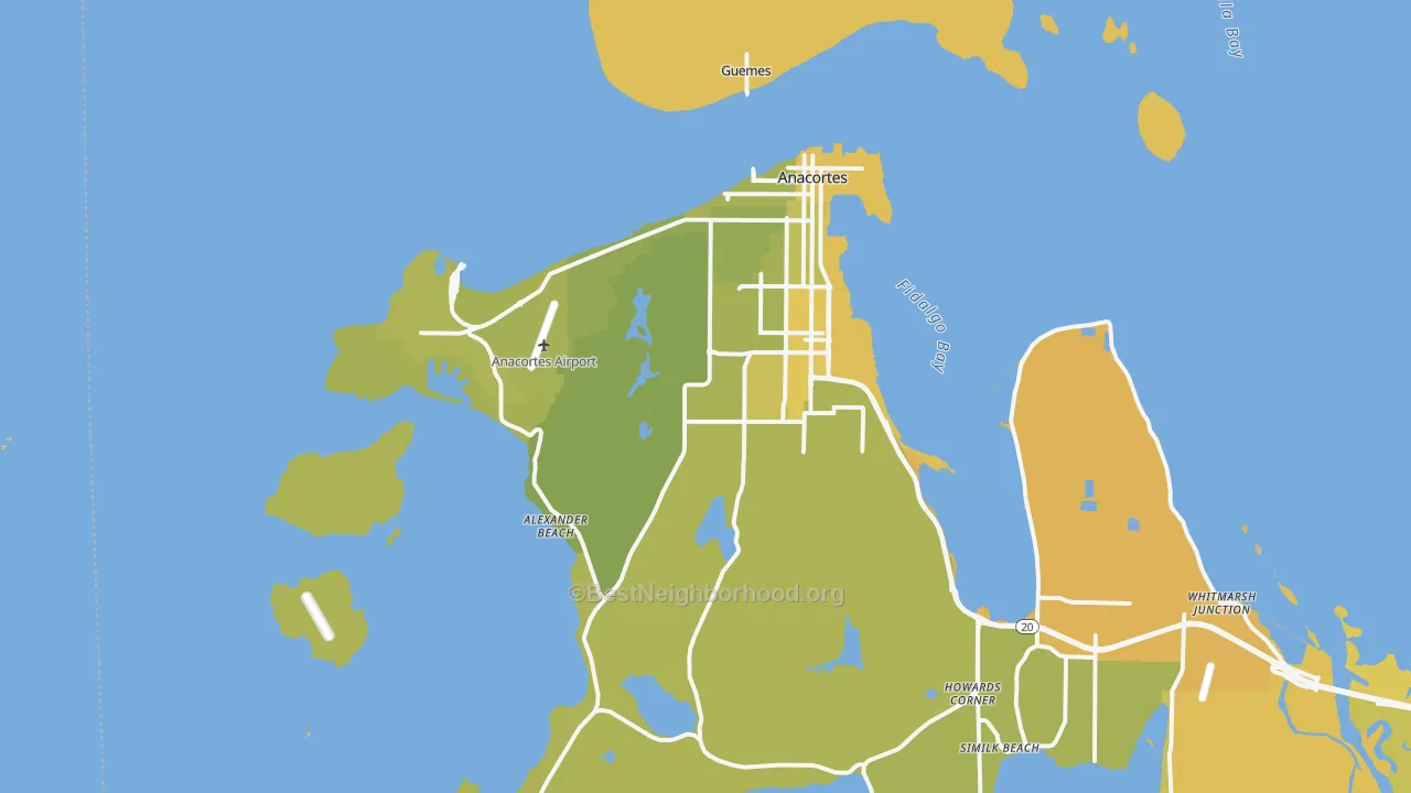 Map of the best neighborhoods in the 98221 area, with better matches in green and worse matches in red