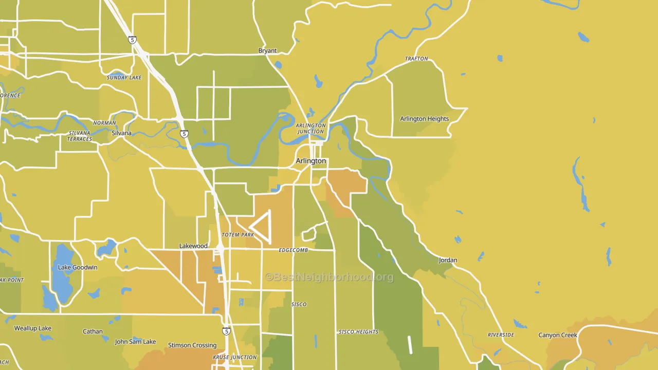Map of the best neighborhoods in the 98223 area, with better matches in green and worse matches in red