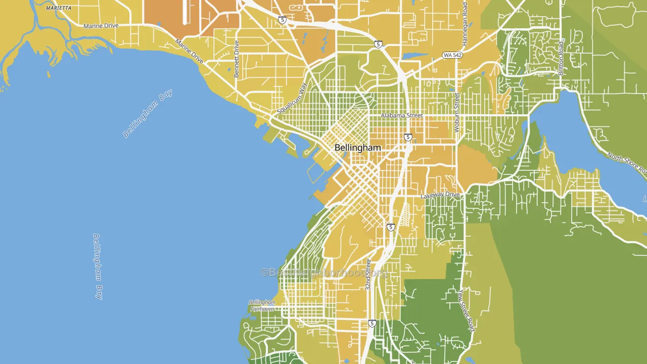 Map of the best neighborhoods in the 98225 area, with better matches in green and worse matches in red