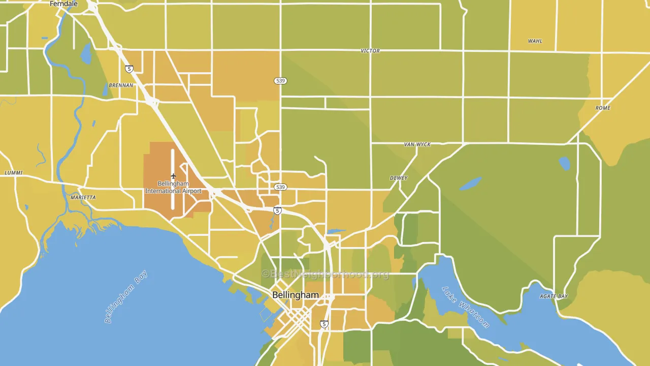 Map of the best neighborhoods in the 98226 area, with better matches in green and worse matches in red