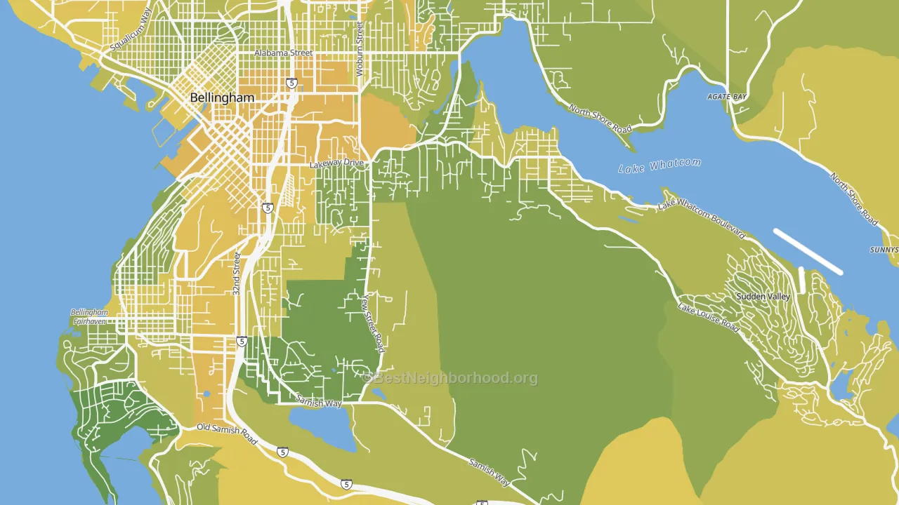 Map of the best neighborhoods in the 98229 area, with better matches in green and worse matches in red