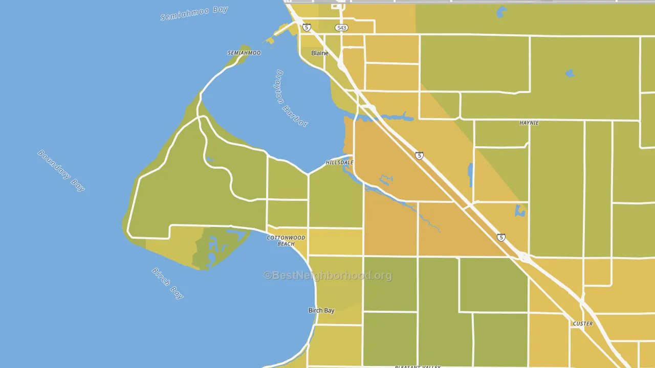 Map of the best neighborhoods in the 98230 area, with better matches in green and worse matches in red