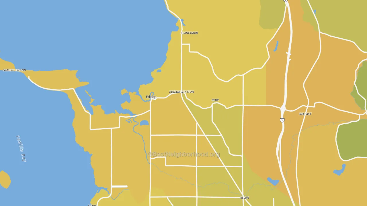 Map of the best neighborhoods in the 98232 area, with better matches in green and worse matches in red