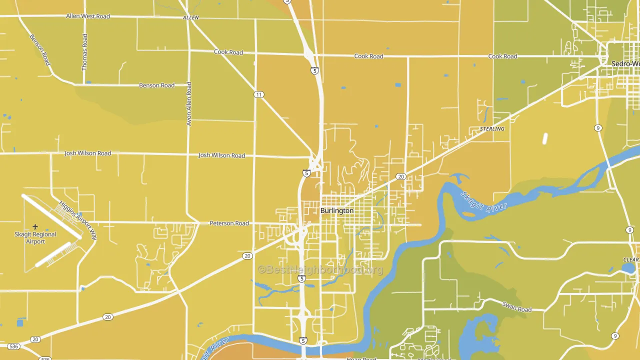 Map of the best neighborhoods in the 98233 area, with better matches in green and worse matches in red