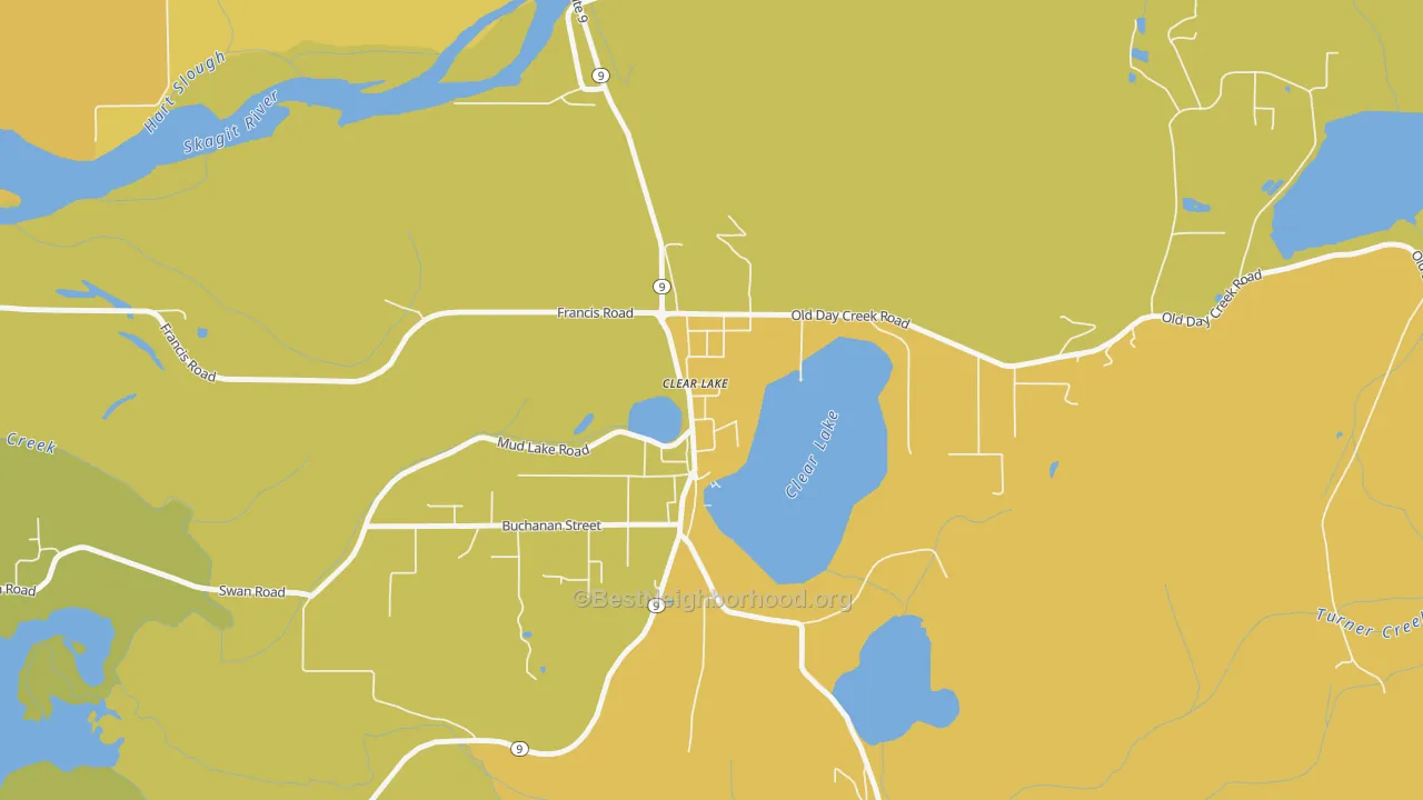 Map of the best neighborhoods in the 98235 area, with better matches in green and worse matches in red