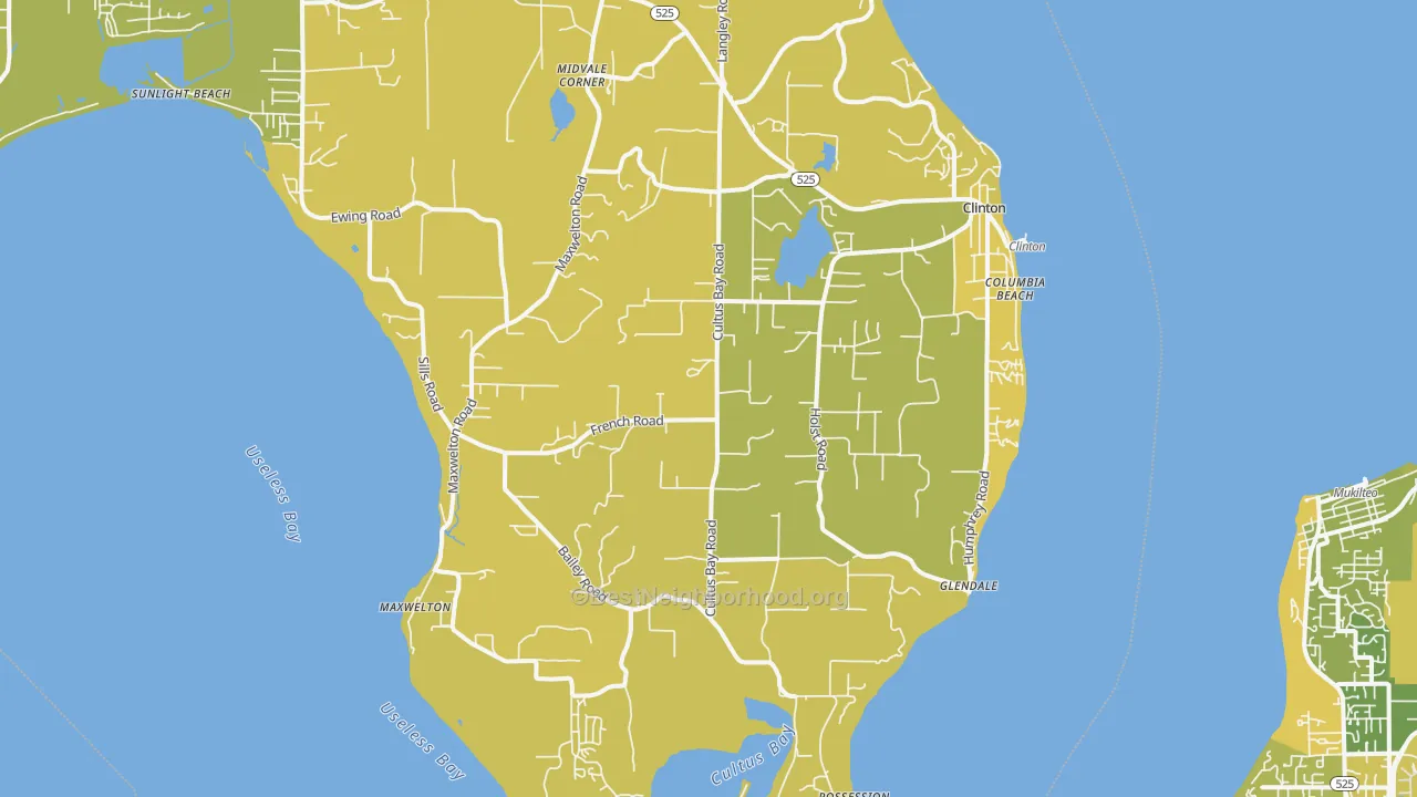 Map of the best neighborhoods in the 98236 area, with better matches in green and worse matches in red