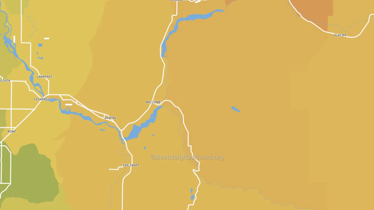 Map of the best neighborhoods in the 98244 area, with better matches in green and worse matches in red