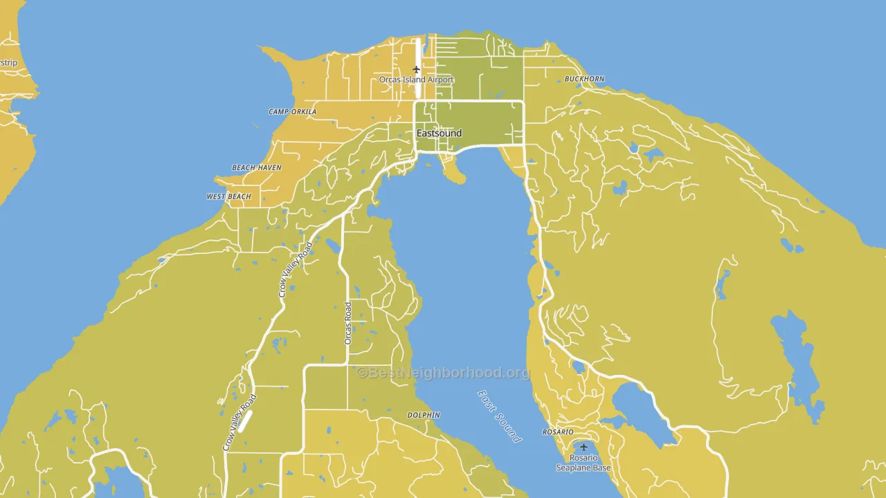 Map of the best neighborhoods in the 98245 area, with better matches in green and worse matches in red