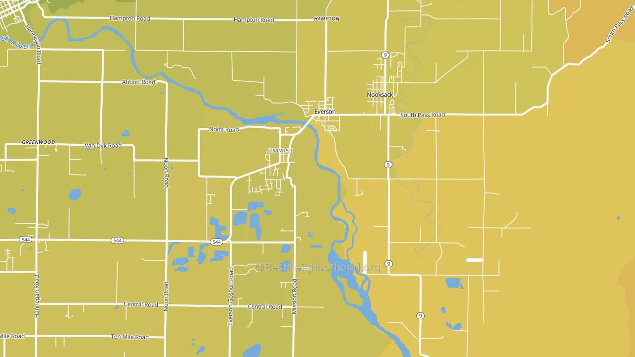 Map of the best neighborhoods in the 98247 area, with better matches in green and worse matches in red