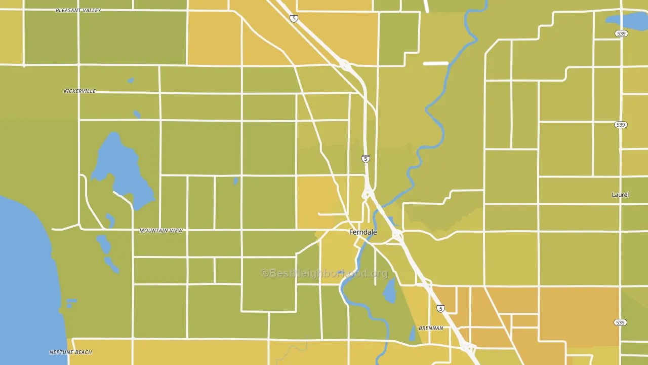 Map of the best neighborhoods in the 98248 area, with better matches in green and worse matches in red