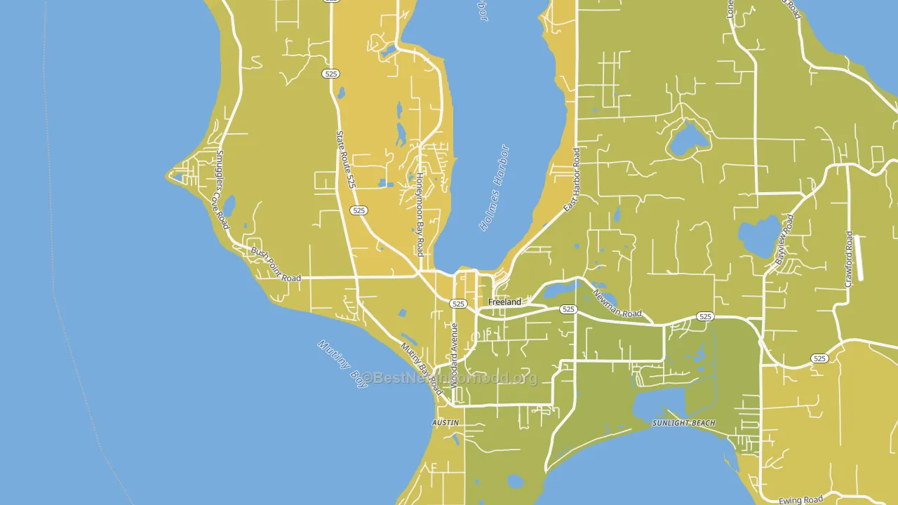 Map of the best neighborhoods in the 98249 area, with better matches in green and worse matches in red