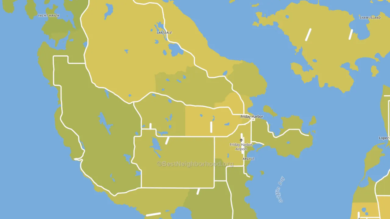 Map of the best neighborhoods in the 98250 area, with better matches in green and worse matches in red
