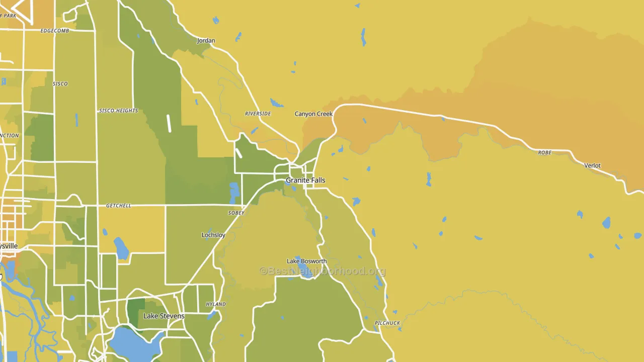 Map of the best neighborhoods in the 98252 area, with better matches in green and worse matches in red