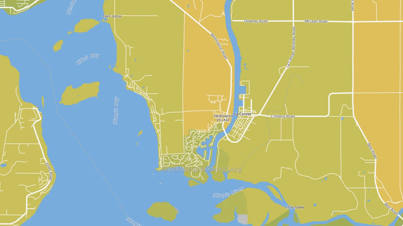 Map of the best neighborhoods in the 98257 area, with better matches in green and worse matches in red