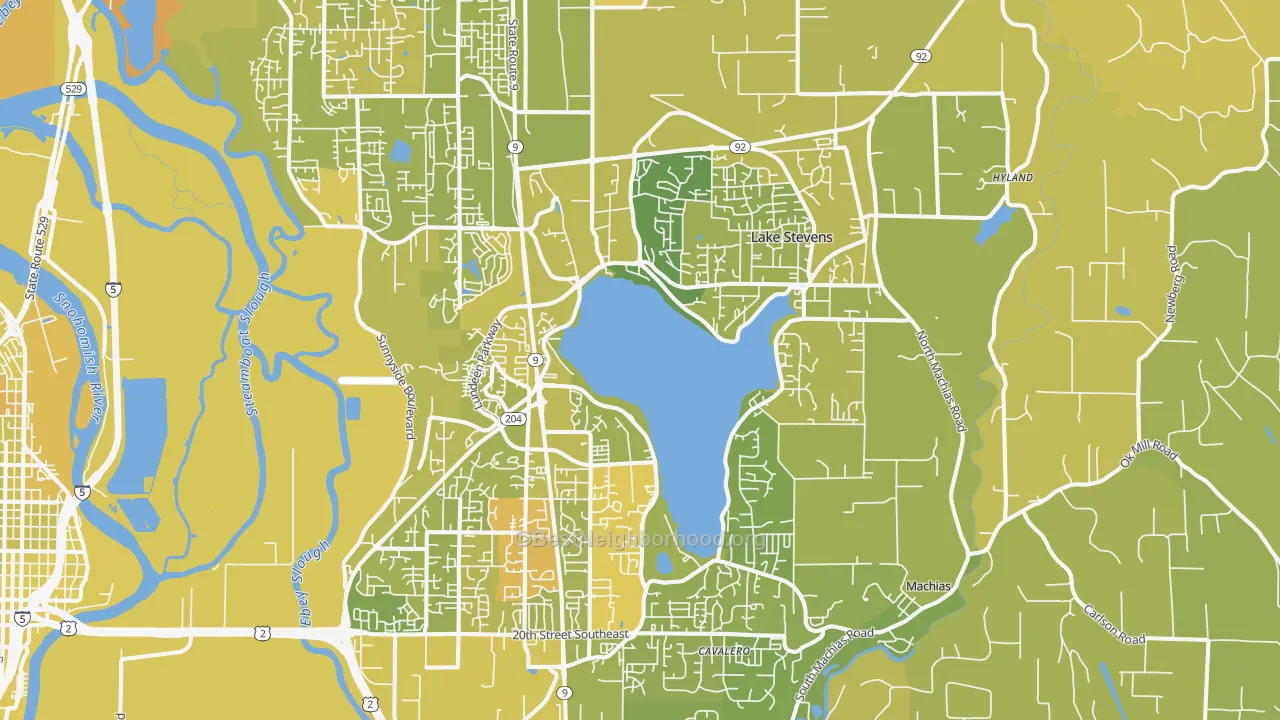 Map of the best neighborhoods in the 98258 area, with better matches in green and worse matches in red