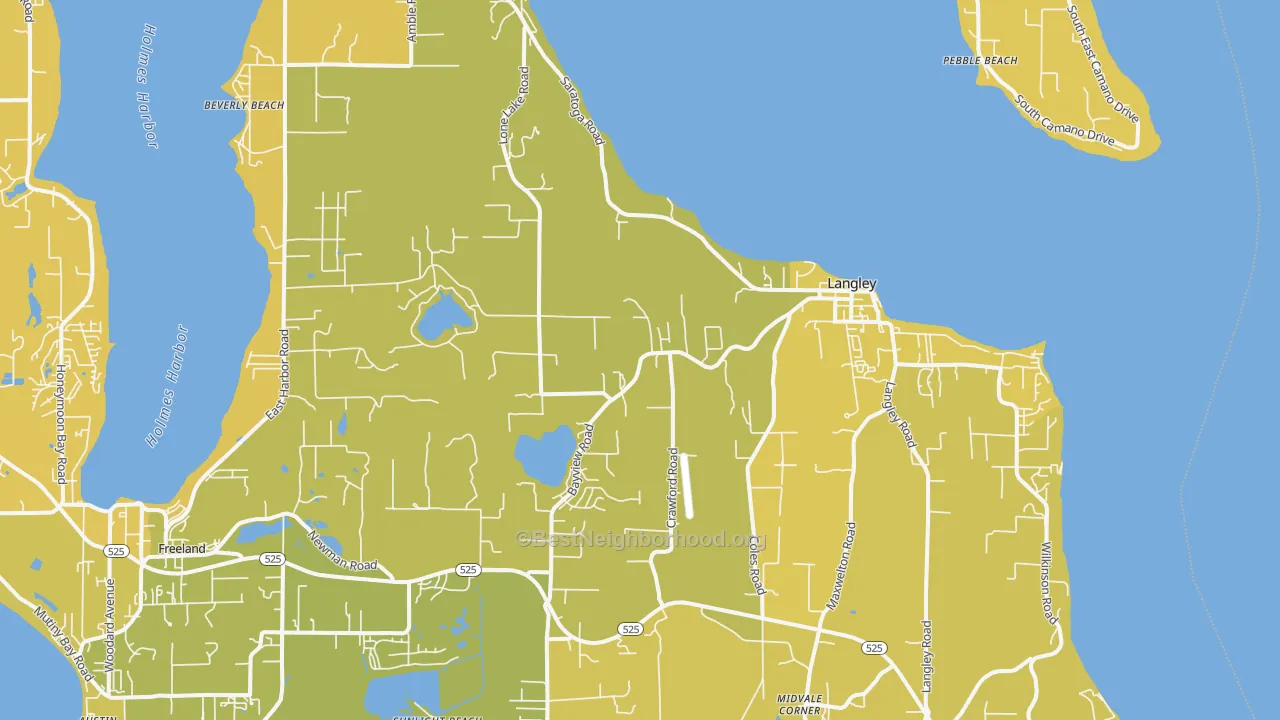 Map of the best neighborhoods in the 98260 area, with better matches in green and worse matches in red