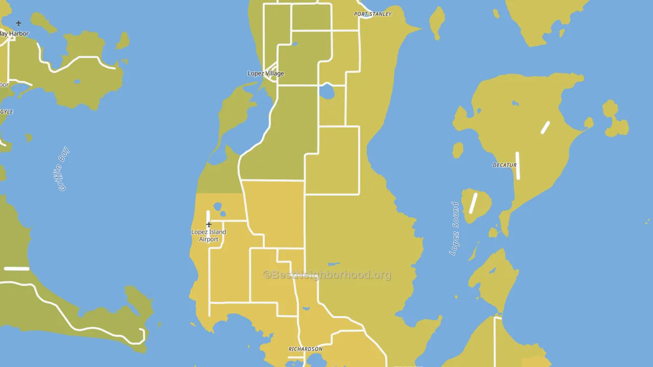 Map of the best neighborhoods in the 98261 area, with better matches in green and worse matches in red