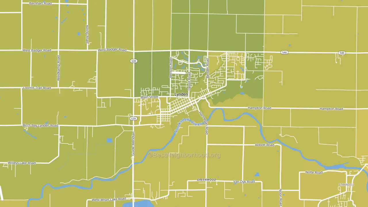 Map of the best neighborhoods in the 98264 area, with better matches in green and worse matches in red