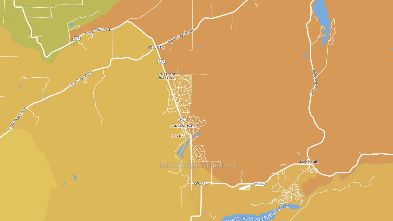 Map of the best neighborhoods in the 98266 area, with better matches in green and worse matches in red