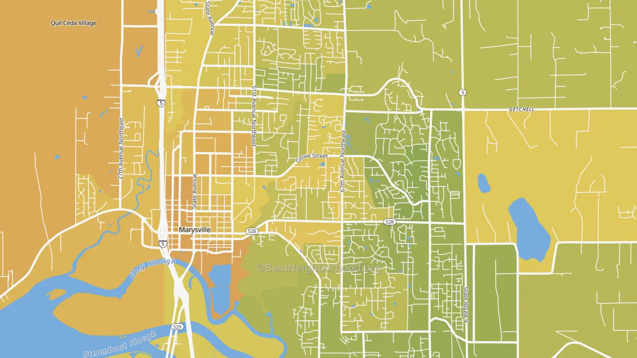 Map of the best neighborhoods in the 98270 area, with better matches in green and worse matches in red