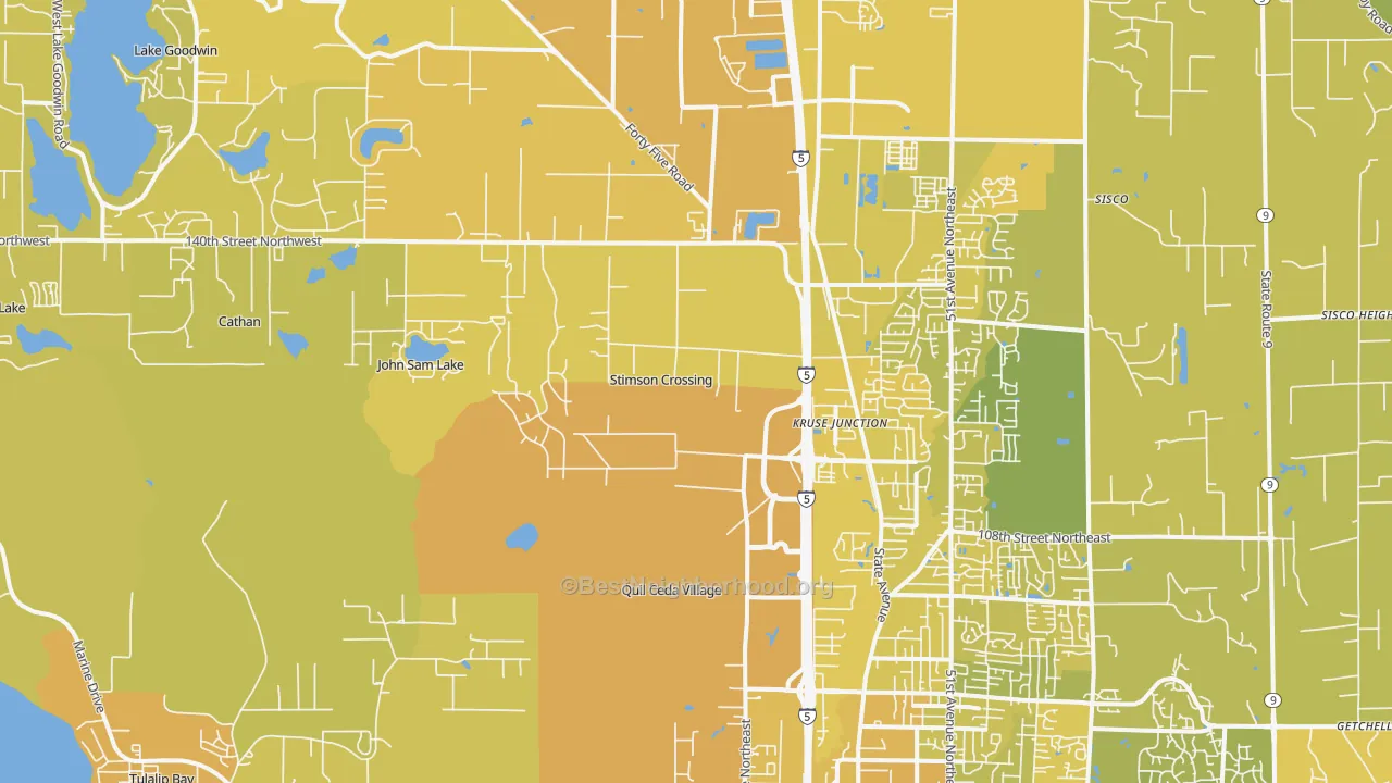 Map of the best neighborhoods in the 98271 area, with better matches in green and worse matches in red