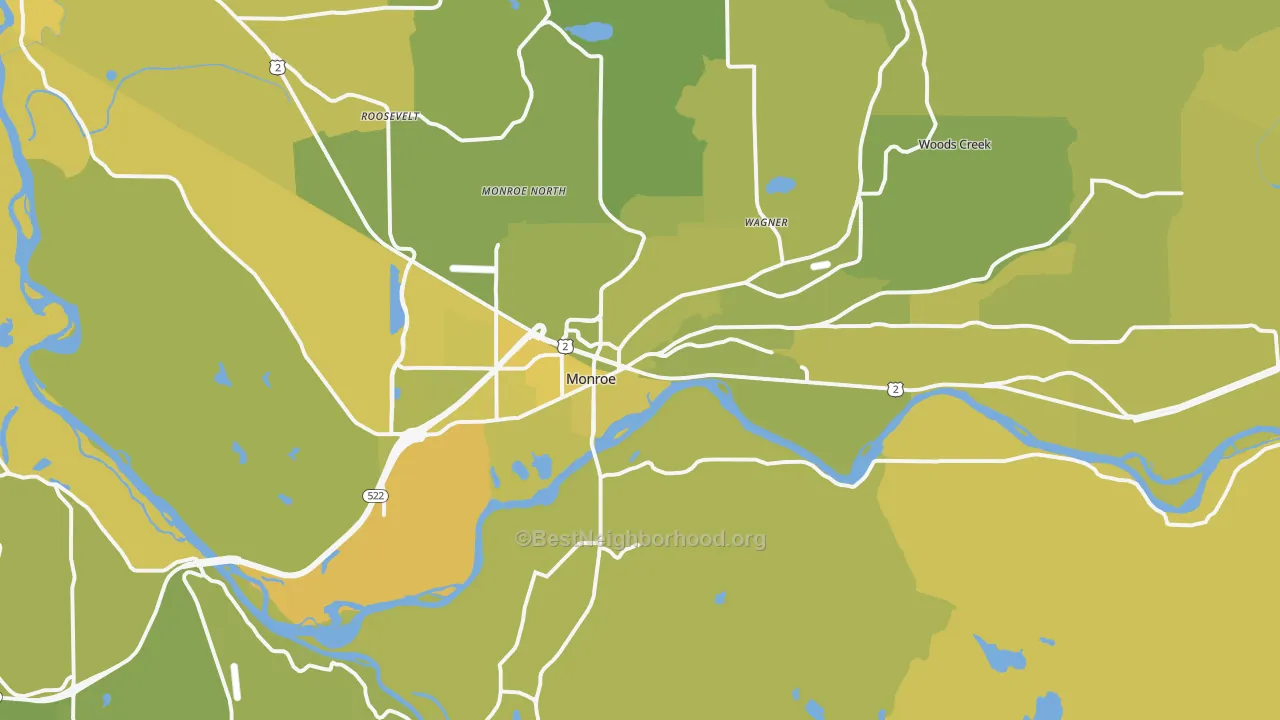 Map of the best neighborhoods in the 98272 area, with better matches in green and worse matches in red