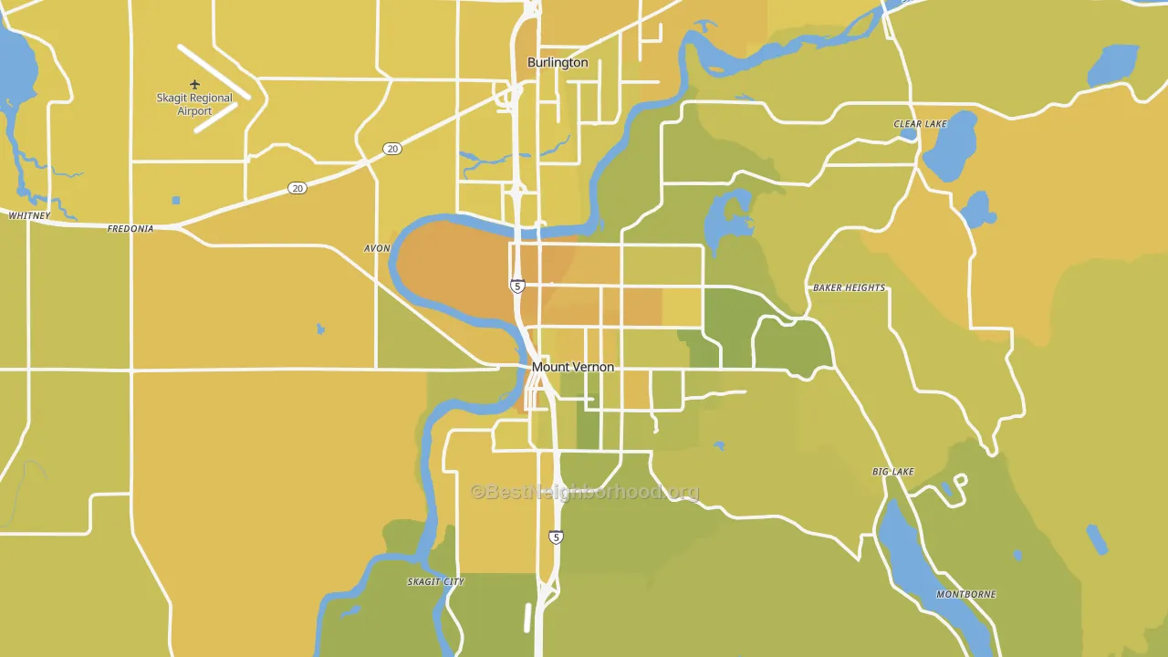 Map of the best neighborhoods in the 98273 area, with better matches in green and worse matches in red