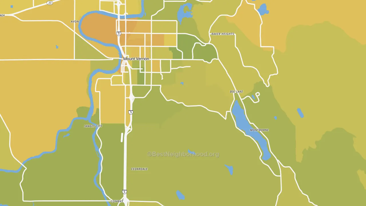 Map of the best neighborhoods in the 98274 area, with better matches in green and worse matches in red