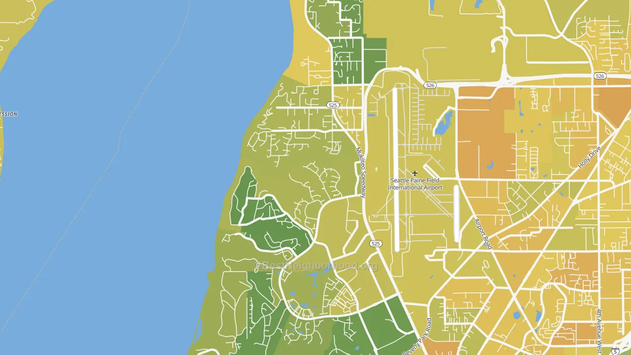 Map of the best neighborhoods in the 98275 area, with better matches in green and worse matches in red