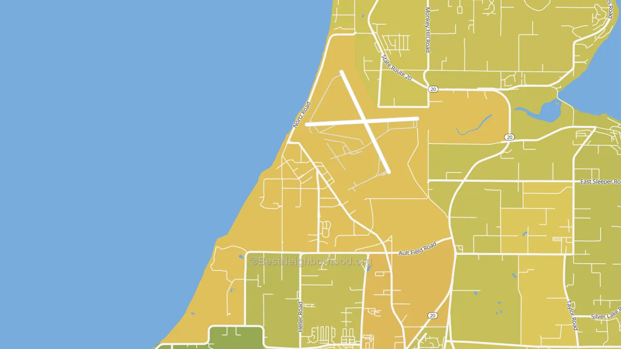 Map of the best neighborhoods in the 98278 area, with better matches in green and worse matches in red