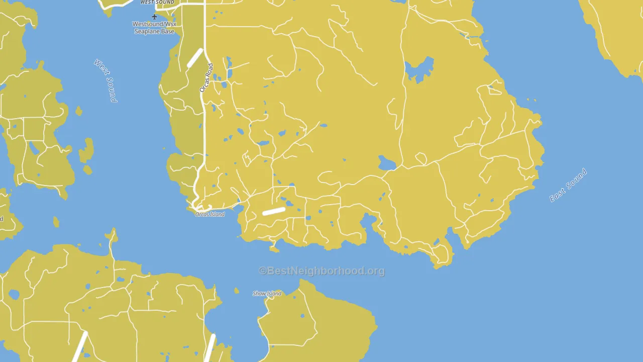 Map of the best neighborhoods in the 98280 area, with better matches in green and worse matches in red