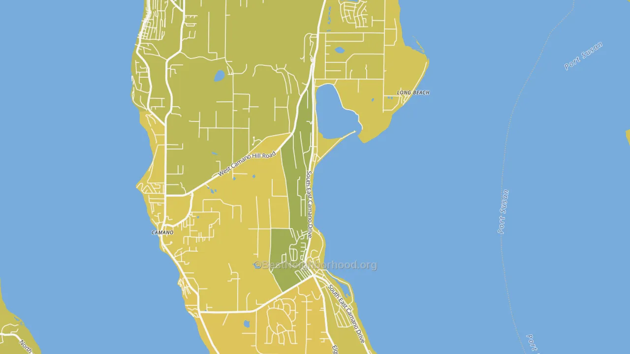 Map of the best neighborhoods in the 98282 area, with better matches in green and worse matches in red