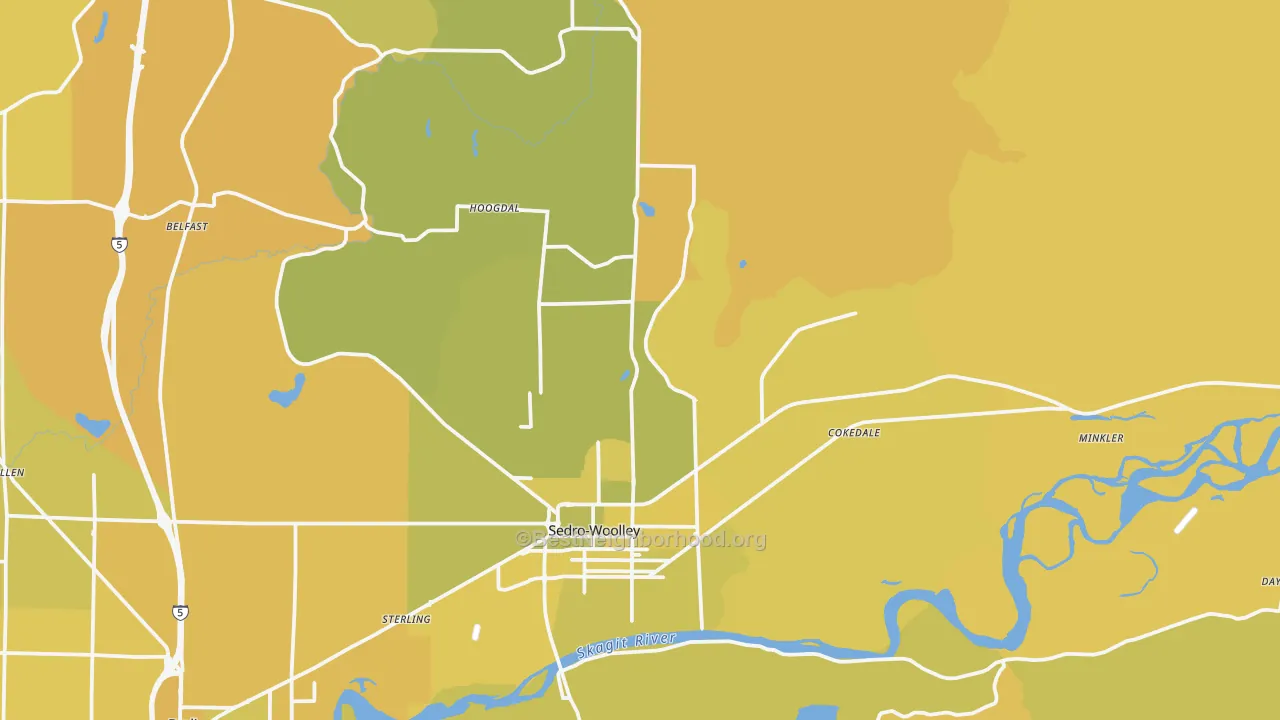 Map of the best neighborhoods in the 98284 area, with better matches in green and worse matches in red