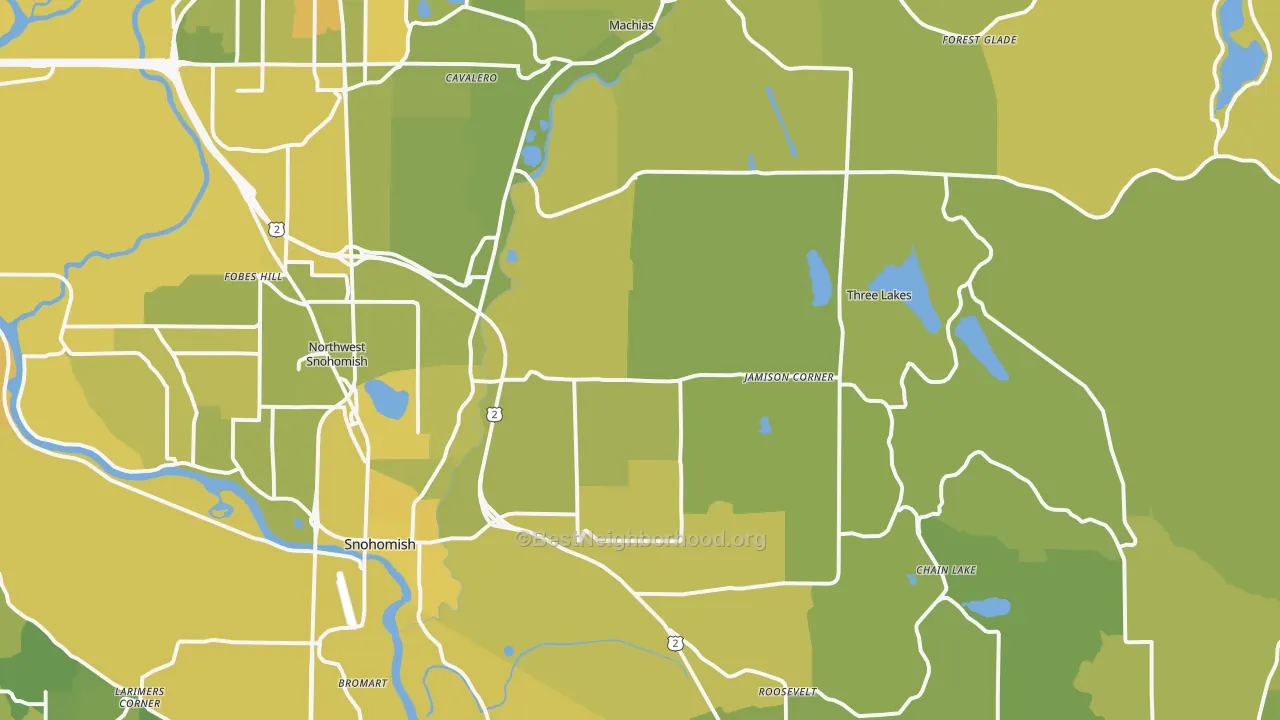 Map of the best neighborhoods in the 98290 area, with better matches in green and worse matches in red