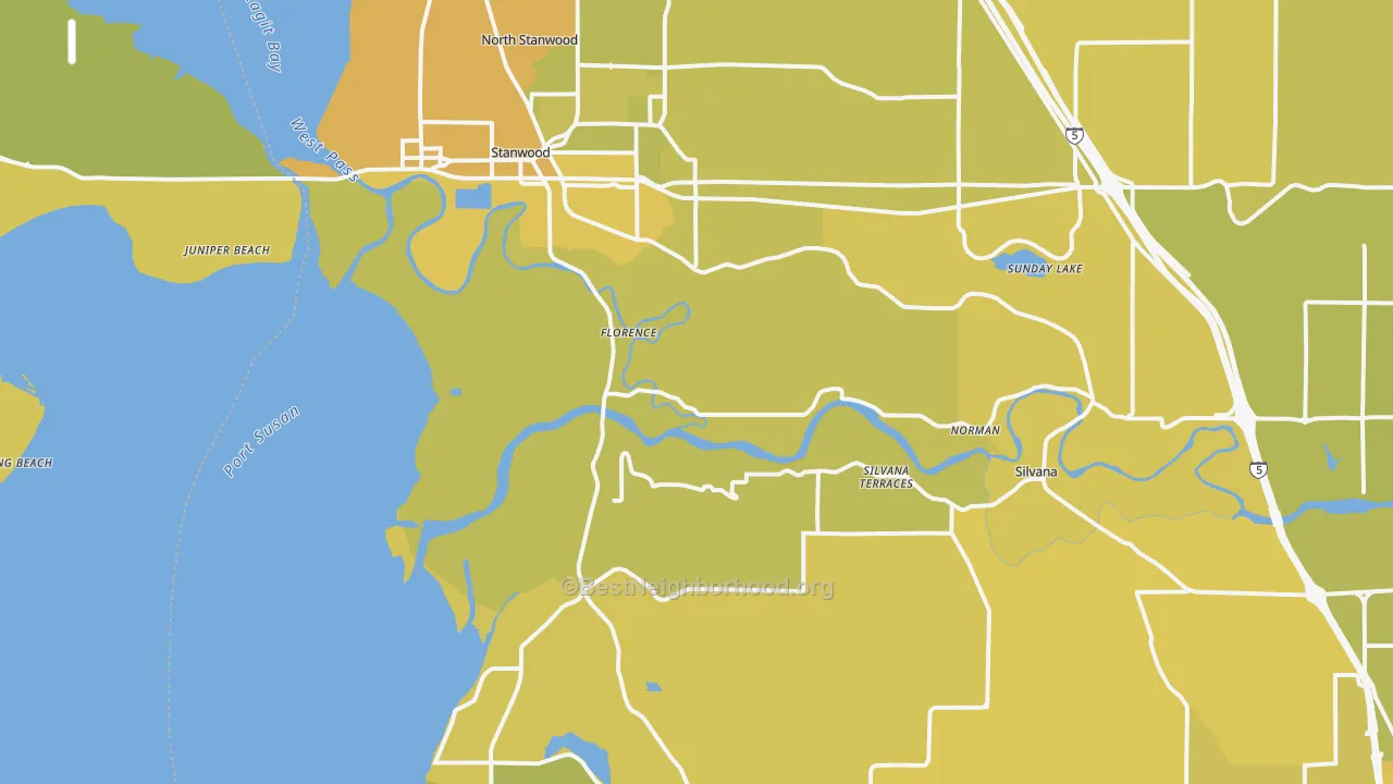 Map of the best neighborhoods in the 98292 area, with better matches in green and worse matches in red