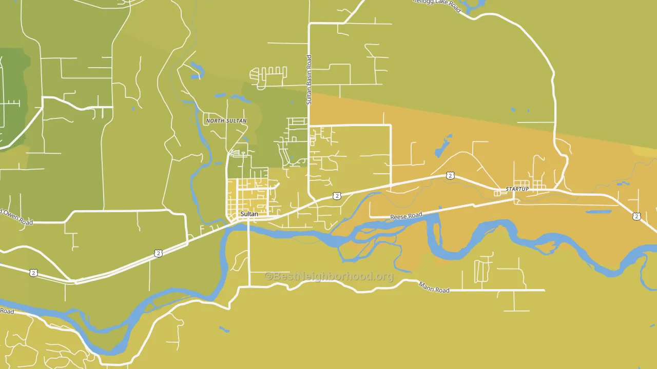 Map of the best neighborhoods in the 98294 area, with better matches in green and worse matches in red