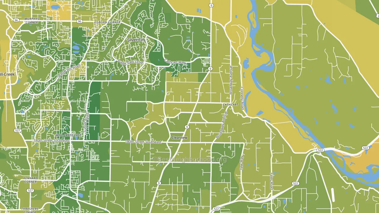 Map of the best neighborhoods in the 98296 area, with better matches in green and worse matches in red