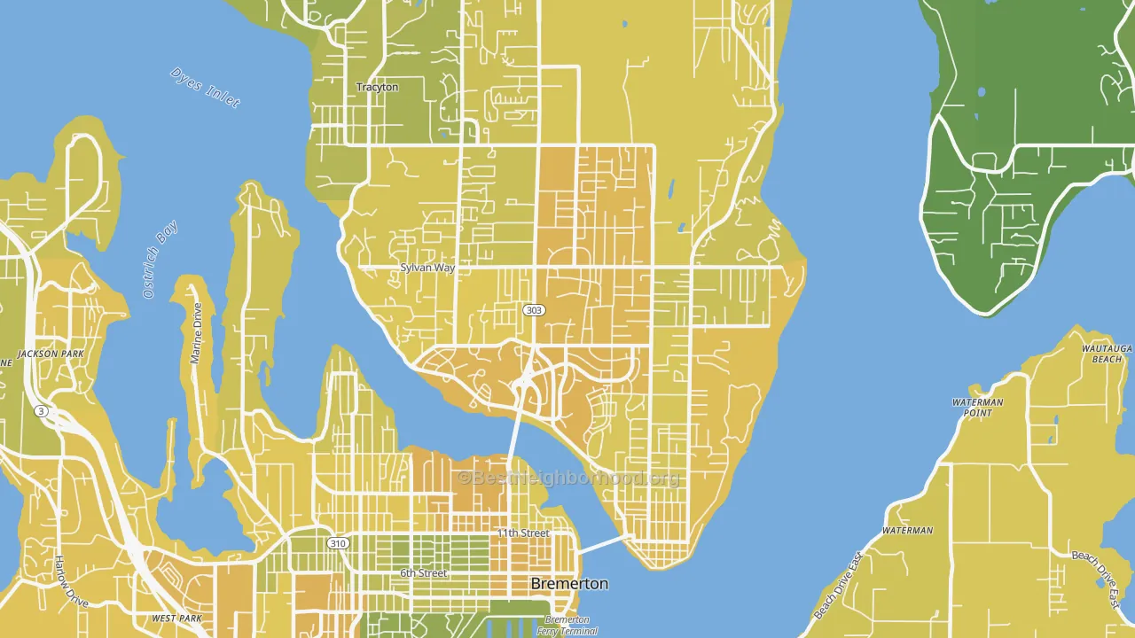 Map of the best neighborhoods in the 98310 area, with better matches in green and worse matches in red