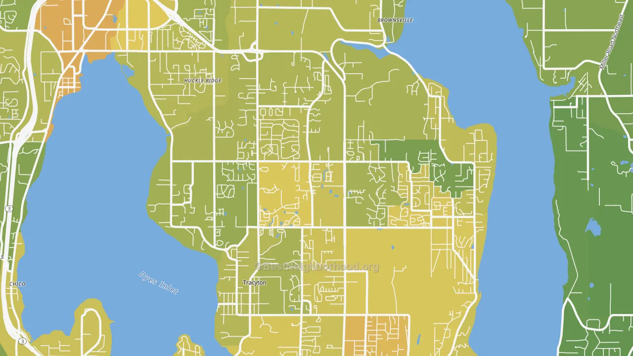 Map of the best neighborhoods in the 98311 area, with better matches in green and worse matches in red