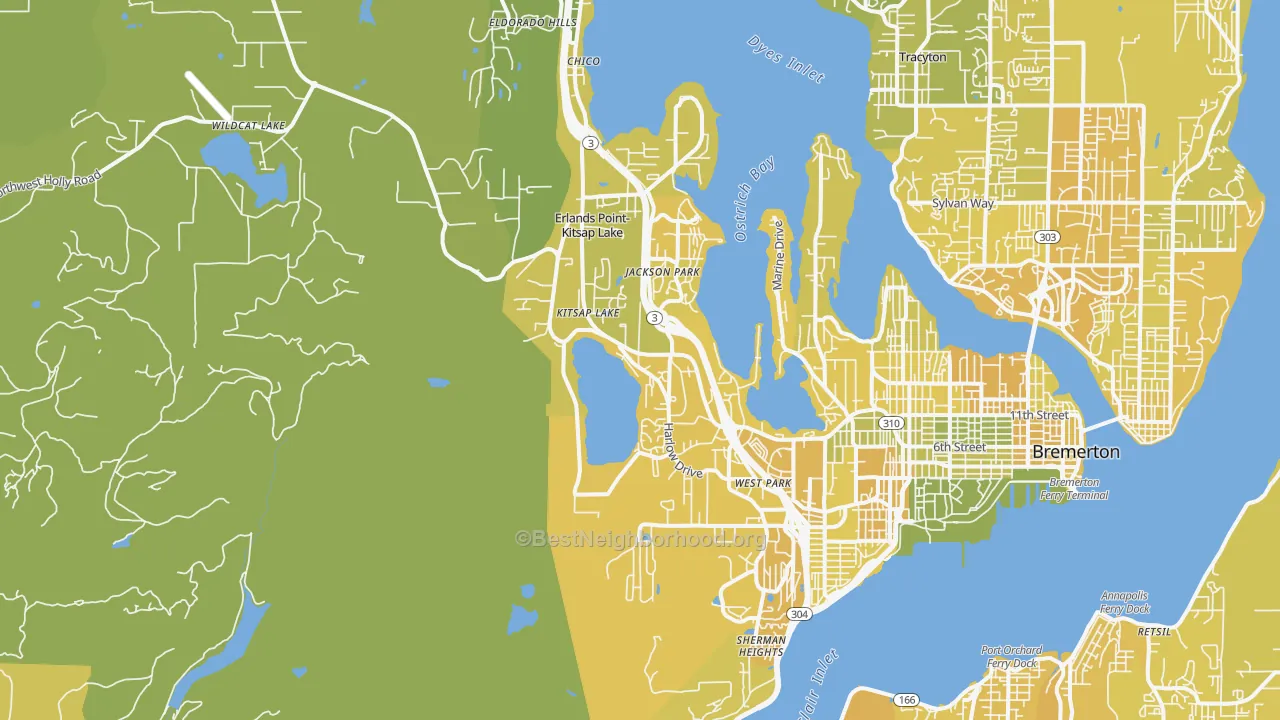 Map of the best neighborhoods in the 98312 area, with better matches in green and worse matches in red