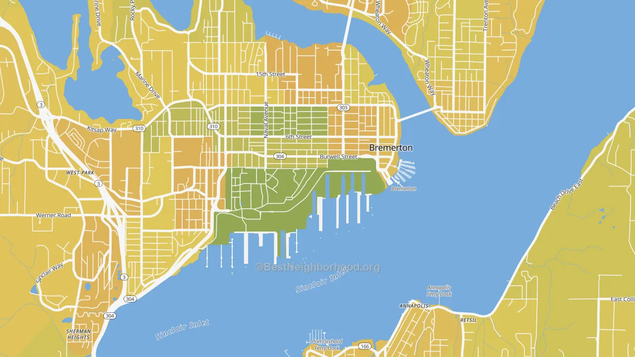 Map of the best neighborhoods in the 98314 area, with better matches in green and worse matches in red